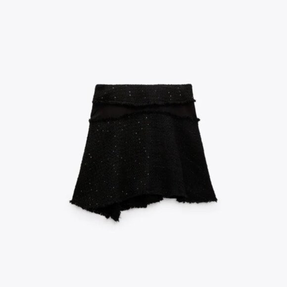 NWT Zara black textured sequin & semi-sheer frayed mini skirt, M - Picture 4 of 13